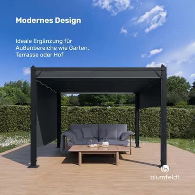 Produktbild von Blumfeldt Pantheon Cortina Pavillon 3x3 m – Aluminiumrahmen, Verstellbares Dach & Seitenrollos, Wetterfest & Stabil, Dunkelgrau/Schwarz