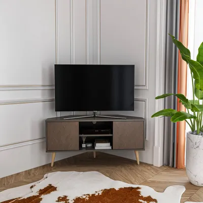 Produktbild von Decorotika Lesson TV-Lowboard aus 18 mm melaminbeschichteter Spanplatte, 120 x 45 x 59,8 cm, Kabelmanagement, Massivholzbeine, Weiß/Baumwollbeige
