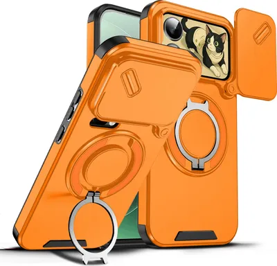Immagine prodotto di Custodia a doppio strato per Xiaomi 17 Pro Max, con copertura scorrevole per la fotocamera e supporto magnetico ad anello Arancione