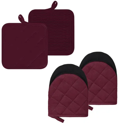 Produktbild von Ofenhandschuhe und Topflappen Set 4 Stück Hitzebeständig Silikon Dunkelrot