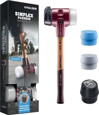 Produktbild von HALDER SIMPLEX Plusbox Starterkit Schonhammer Ø 80 mm Superplastik / TPE-mid / TPE-soft / Gummi mit Standfuß + Flaschenöffner