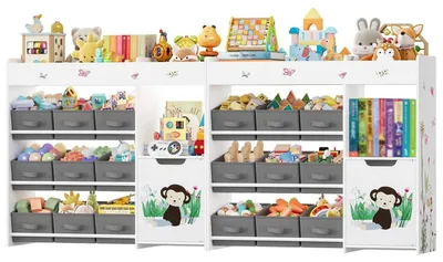 Produktbild von Kinderregal mit 9 Boxen, Spielzeugregal mit Bücherregal, weiß, MDF, Vliesstoff, 2er Set