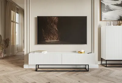 Produktbild von Selsey Veldio - TV-Lowboard, weiß mit schwarzem Metallgestell, 175 cm