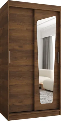 Produktbild von Kryspol - Kleiderschrank mit Spiegel - Schwebetürenschrank - Kleiderschrank 100 cm Breit x 200cm(H) x 62cm(T), 2 Türen, Laminierte Möbelplatte, MOKA 100, Nussbaum Warmia, Griff: Silber