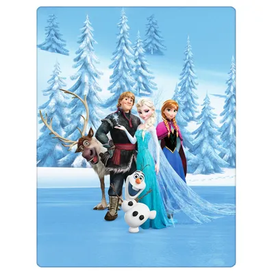 Characters from Disney's Frozen are standing in a snowy forest with pine trees.