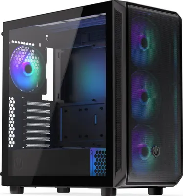 A black computer tower case with tempered glass side panel and RGB lighting.