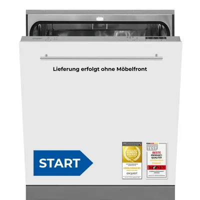 A white built-in dishwasher with its door open, showing the interior. There are several badges and text overlays on the front.