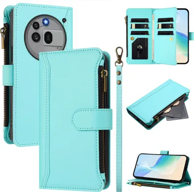 Image de Etui pour Nothing Phone 3A Pro, zippé, étui portefeuille en cuirPolyuréthaneavec pochettes pour cartes, support et dragonne vert menthe