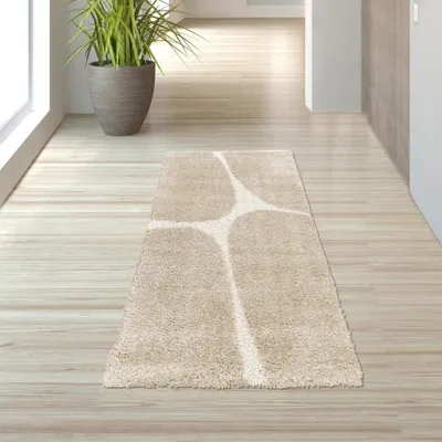 Image de Tapis moderne à poils longs, confortable et facile d'entretien, avec un motif organique, couleur crème-beige, dimensions : 80 x 150 cm