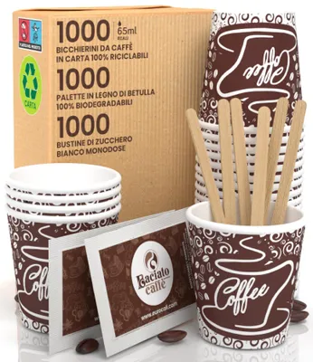 1000 Papier-Kaffeebecher 65 ml + Zucker + Rührer
