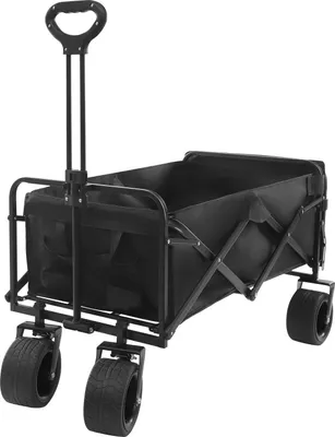 Produktbild von Gartenwagen - Faltbarer Bollerwagen mit Rädern - 600D Oxford - 150 kg Tragkraft - 150 L + 30 L Volumen - Kohlenstoffstahlrahmen - Schwarz