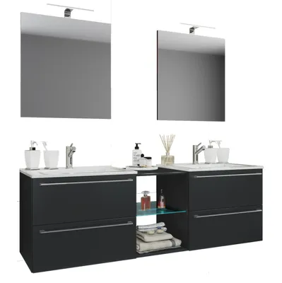 Immagine prodotto di 3 pz. Set | 2 lavabo, 2 specchi, 2 lavabi, 1 scomparto centrale | Lavabo in Vetroceramica | Armadio inferiore 155 cm | Set mobili da bagno Lavabo doppio - Badinos XXL