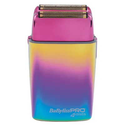 A close-up studio shot of a colorful electric shaver.