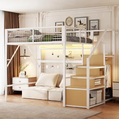 Produktbild von Eisenbett Etagenbett Hochbett 140 x 200 cm mit Treppe Stauraum Kleiderschrank LED-Lichtleiste Weiß