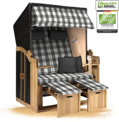 Produktbild von Strandkorb Ostsee 2-Sitzer 120cm breit in beige grau weiß kariert zerlegt, ideal für Balkon, Terrasse oder Garten