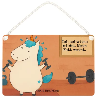 Produktbild von Mr. & Mrs. Panda Schild Einhorn Fitness Design DIN A6 - Weiß - Geschenk, Einhörner, kleine aufmerksamkeit, Türschild, Unicorn, wandtafel, Sport, Gym, holzbild, Holzschild