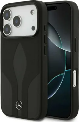 A black iPhone case with the Mercedes-Benz logo is shown.