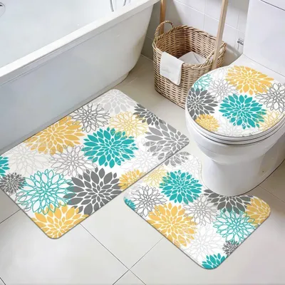 Image de Ensemble de 3 tapis de bain lavables, de style bohème, avec un dessous antidérapant