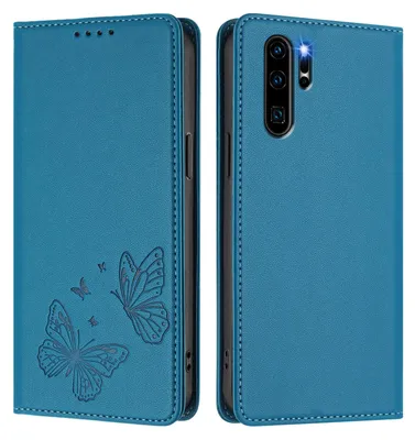 Produktbild von Lederhülle für Huawei P30 Pro, Schmetterling Prägung Leder Brieftasche Schutzhülle mit Ständer Blau