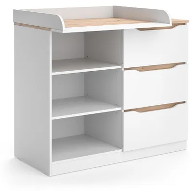 Productafbeelding van Kommode met verschoningstafel Vicco Ruben, wit/ambachtelijk eikenhout, 113 x 93 cm, met 3 lades, model 62882