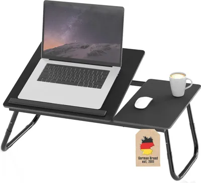 Produktbild von Intirilife ausklappbarer höhenverstellbarer Laptoptisch in Schwarz - Lesetisch Frühstücksbrett Büchertablett für Bett Wohnzimmer Home-Office Büro und Unterwegs