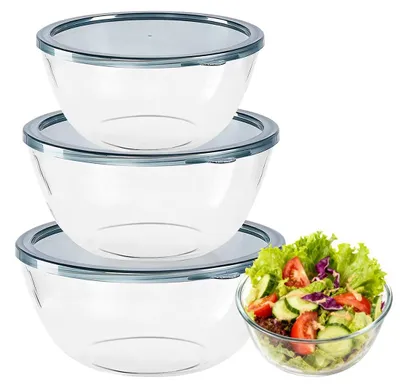 Produktbild von 3-teiliges Salatschüssel-Set aus Glas mit Deckel (1050 ml, 2700 ml, 4400 ml), BPA-frei