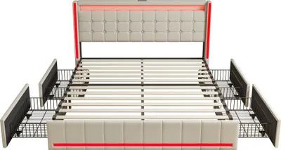Obrázek produktu pro Čalouněná postel ProximaX s LED diodami a funkcí nabíjení USB na čele postele a 4 zásuvkami. Manželská postel 160x200 cm s úložným prostorem a dřevěným lamelovým roštem v béžové barvě