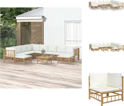 Produktbild von vidaXL 11-tlg. Garten-Lounge-Set mit Cremeweißen Kissen Bambus -  Gartenmöbel-Sets