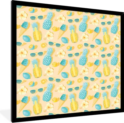 Produktbild von MuchoWow® Gerahmtes Poster Sommer - Muster - Ananas 40x40 cm - Poster mit Schwarzem Bilderrahmen Wandposter Rahmen Foto Bilder - Mit Rahmen - Wanddekoration Schlafzimmer