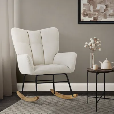 Produktbild von ML-Design Schaukelsessel Beige, Schaukelstuhl mit Frottee-Optik Bezug, Gepolsterter Schwingsessel mit Holzkufen, Relaxsessel mit Armlehnen Relaxstuhl