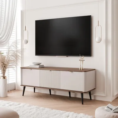 Image de NAVANI TV-Lowboard 130 cm avec façade striée Soft-Close-System Meuble TV Salon Meuble média moderne & élégant Cachemire + Noyer