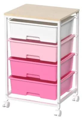 Produktbild von Mobiler Badezimmerwagen mit 4 Schubladen, Aufbewahrungswagen auf Rollen mit Holzplatte, Wagen für Küche, Wohnzimmer, Schlafzimmer, leicht zu bewegen, rosa
