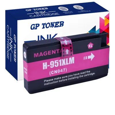 A magenta ink cartridge and its packaging.