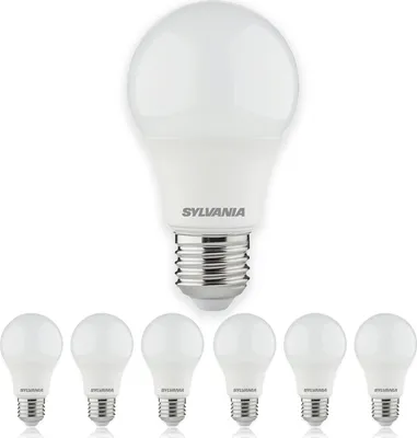 A single Sylvania LED light bulb is shown prominently in the center, with six other identical bulbs arranged in a row below it, all against a plain white background.