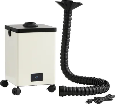 A cream-colored fume extractor with a black flexible hose and power cord, isolated on a white background.