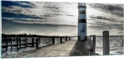 Produktbild von Bilder auf glas - See Leuchtturm Holzbrücke Wasser - 100x40cm - Glasbilder - Wandbilder - Kunstdruck - zum Aufhängen bereit - Wanddekoration aus Glas - Glas Bilder - Wandbild auf Glas - GAB100x40-0330
