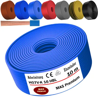 Image de Câble d'alimentation de 10 mètres, type H07 V-K, HBL, 1 x 16 mm², de couleur bleu clair, monoconducteur, flexible