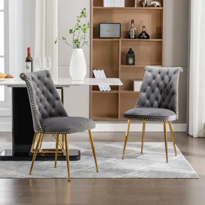 Productafbeelding van AIORBER Eetkamerstoel (set van 2), fluweel, gestoffeerd, gouden poten, afgewerkte randen, hoge rugleuning, geschikt voor eetkamer en keuken, 43,9 x 62 x 87,5 cm, grijs