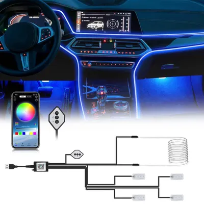 Obrázok produktu pre LED interiérové osvetlenie pre auto, RGB ambientné osvetlenie, 4 metre LED pásik s ovládaním cez aplikáciu a tlačidlá, s hudobným senzorom, USB napájanie, 5-12V