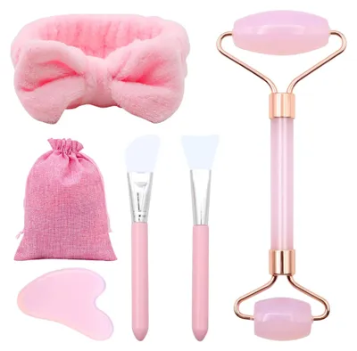 Produktbild von Jade Gua Sha Stein Set mit Rosa Jade Gesichtsroller und Massagewerkzeugen