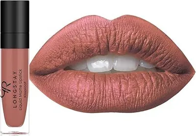 A lipstick tube and a close-up of lips wearing the lipstick.