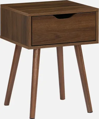 A brown wooden nightstand with one drawer and three legs.