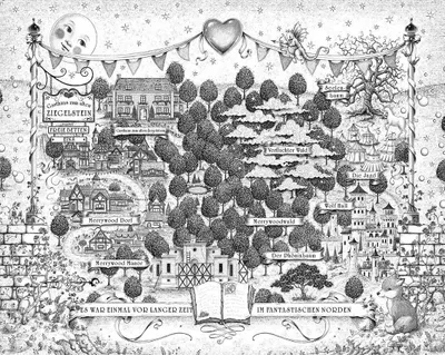 A black and white illustrated map of a fantasy world with various locations labeled.