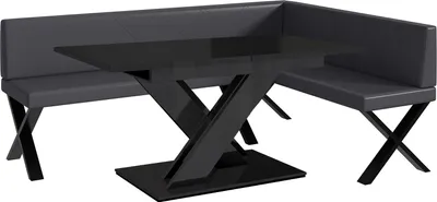 Produktbild von MEBLINI Eckbank für Esszimmer mit ausziehbarem Tisch - Küchenbank - Essecke - Sitzecke Küche - ERIC - X-Beine 142x196x87cm Rechts - Grau Kunstleder/B Schwarz Hochgl.