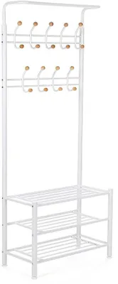 Obrázok produktu pre Ibenzoa® stojan na oblečenie s 18 háčikmi a 3 policami na topánky, výška 187 cm, povrchová úprava práškovou farbou, nosnosť 40 kg, háčiky do 5 kg, nastaviteľné nožičky
