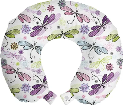 Produktbild von ABAKUHAUS Libelle Reisekissen Nackenstütze, Libellen Blumen, Schaumstoff Reiseartikel für Flugzeug und Auto, 30x30 cm, Blassblau Lila