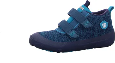 A single blue children's shoe on a white background.