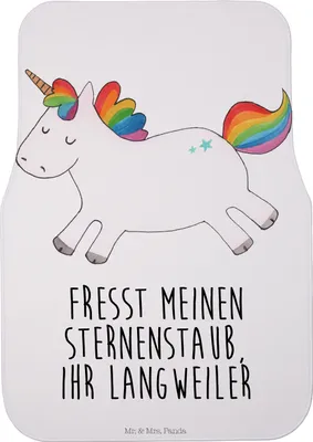 Produktbild von Mr. & Mrs. Panda Autoteppich Einhorn Happy - Weiß - Geschenk, Fußmatte Auto, Witzig, Lachen, Lebensfreude, Lächeln, Automatte, Einhörner, Auto-Fußmatte, Fürs