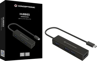 Zdjęcie produktu dla Conceptronic HUBBIES07B, USB 3.2 Gen 1 (3.1 Gen 1) Type-C, USB 3.2 Gen 1 (3.1 Gen 1) Type-A, 5000 Mbit/s, Czarny, Aluminium, 87,5 mm