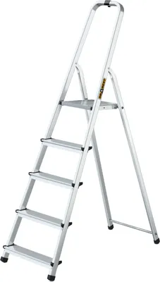 A silver and black step ladder with five steps, shown from a diagonal angle against a white background.